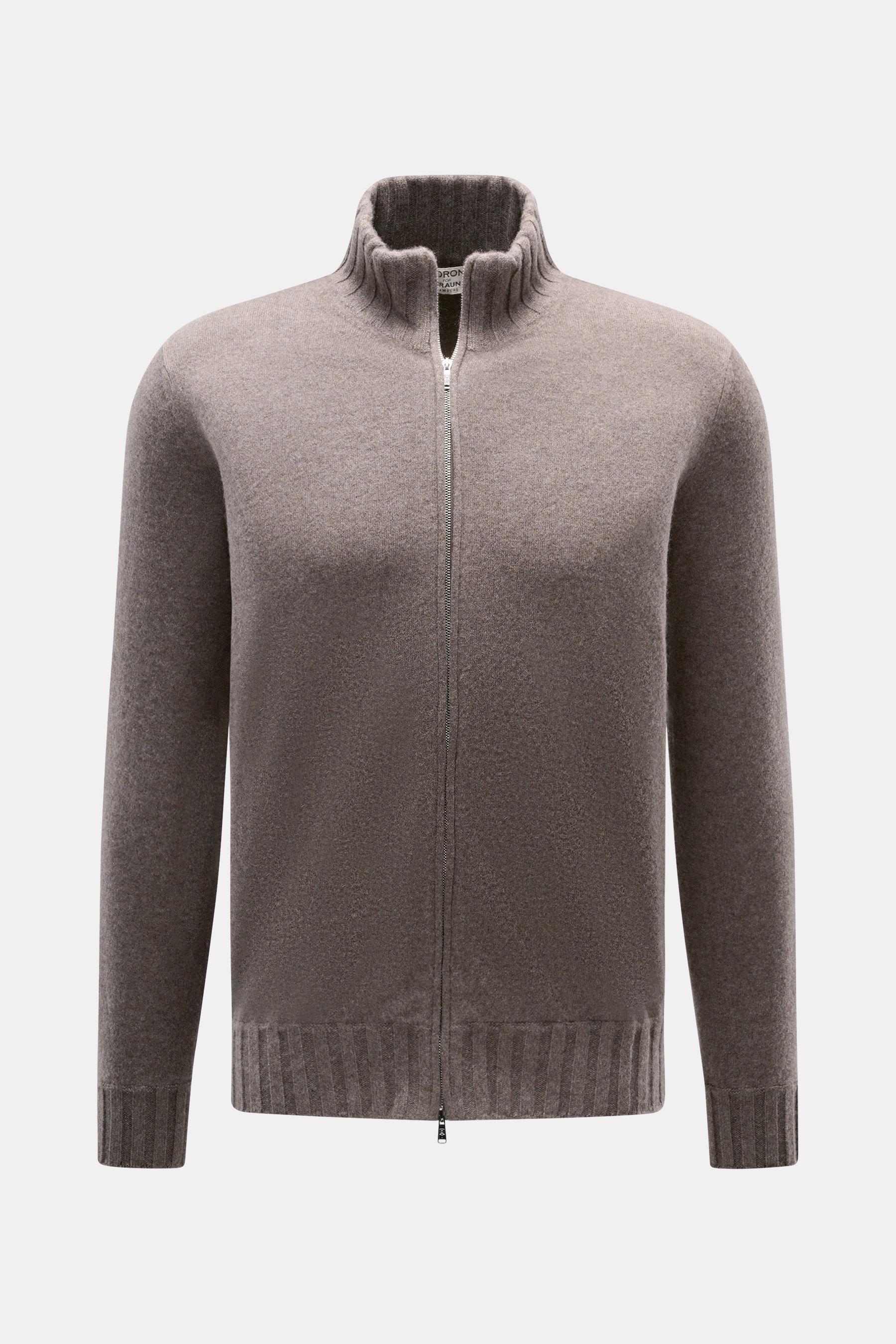Fioroni Cashmere Strickjacke 'Duvet' graubraun meliert, Slim Fit, feines Strickbild, Rippstrick-Stehkragen, Zwei-Wege-Reißverschluss, Frontansicht.