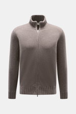 Front view of Fioroni Cashmere cardigan 'Duvet' grey brown melange, featuring pure cashmere, very soft feel, fine knit, slim fit, two-way zipper, ribbed stand-up collar, and flexible ribbed cuffs.