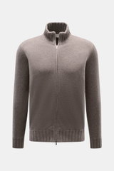 Front view of Fioroni Cashmere cardigan 'Duvet' grey brown melange, featuring pure cashmere, very soft feel, fine knit, slim fit, two-way zipper, ribbed stand-up collar, and flexible ribbed cuffs.