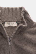 Close-up front view of Fioroni Cashmere cardigan 'Duvet' grey brown melange, showing ribbed stand-up collar, two-way zipper, and fine knit pattern, made from pure cashmere with a very soft feel, slim fit, and flexible ribbed cuffs. Luxurious warmth with I