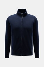 Fioroni Cashmere Strickjacke 'Duvet' navy, Frontansicht mit stehendem Rippstrickkragen, Slim Fit, Zwei-Wege-Reißverschluss, weiches, feines Strickbild.