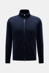 Fioroni Cashmere Strickjacke 'Duvet' navy, Frontansicht mit stehendem Rippstrickkragen, Slim Fit, Zwei-Wege-Reißverschluss, weiches, feines Strickbild.
