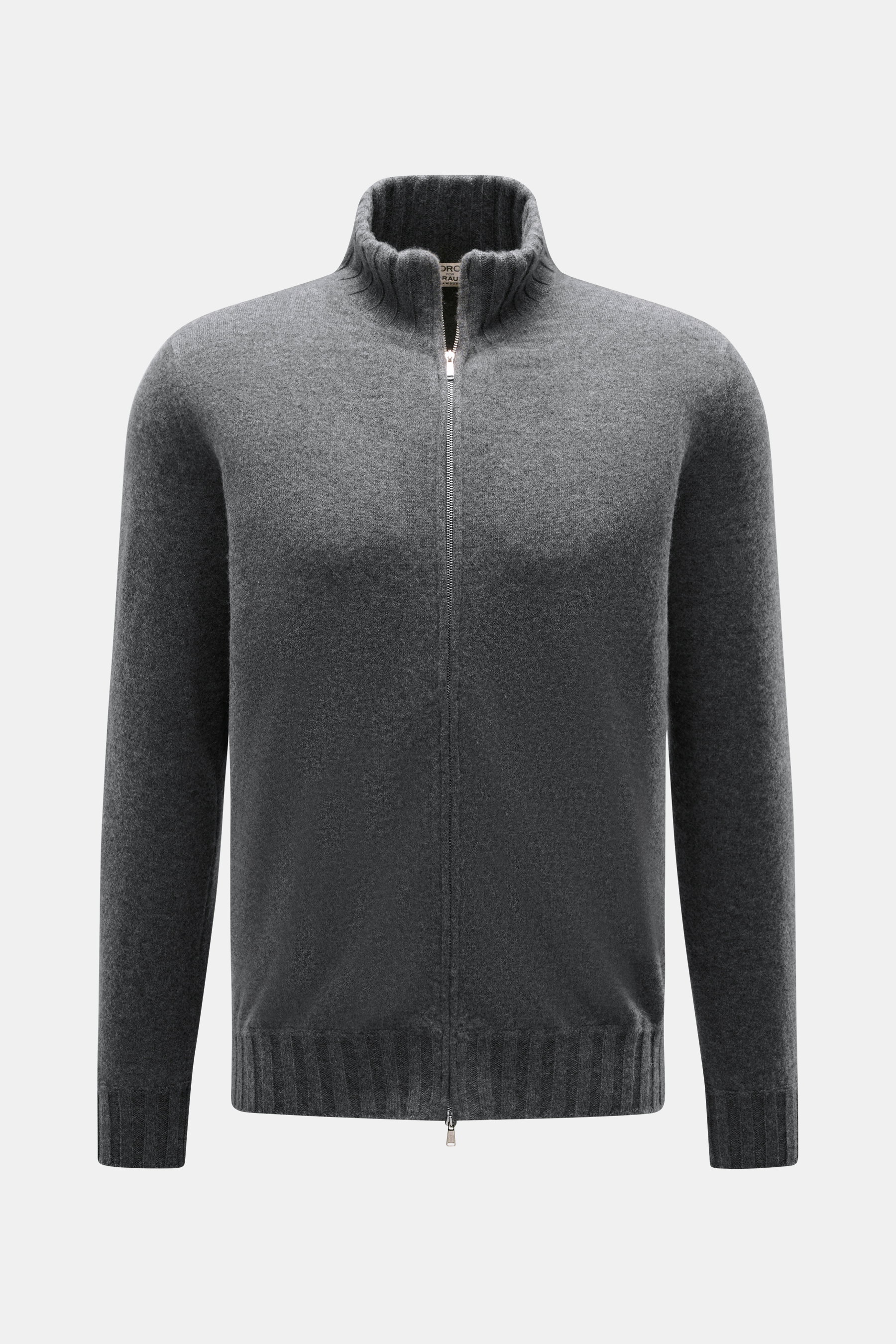 Fioroni Cashmere Strickjacke 'Duvet' dunkelgrau meliert, Slim Fit, feines Strickbild, Rippstrick-Stehkragen, Zwei-Wege-Reißverschluss, Vorderansicht.