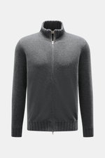 Fioroni Cashmere Strickjacke 'Duvet' dunkelgrau meliert, Slim Fit, feines Strickbild, Rippstrick-Stehkragen, Zwei-Wege-Reißverschluss, Vorderansicht.