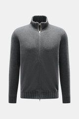 Fioroni Cashmere Strickjacke 'Duvet' dunkelgrau meliert, Slim Fit, feines Strickbild, Rippstrick-Stehkragen, Zwei-Wege-Reißverschluss, Vorderansicht.