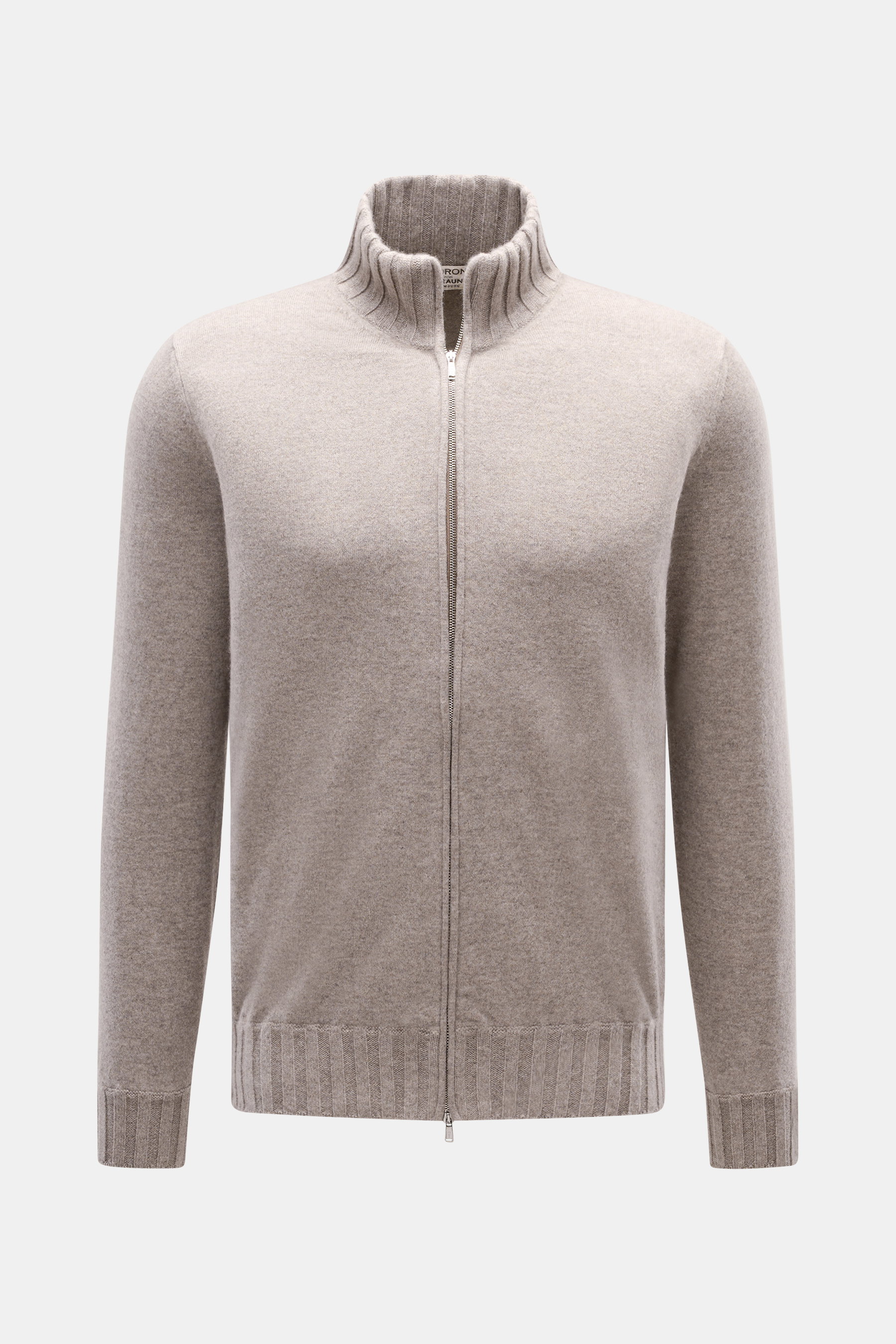 Vorne fotografierte Fioroni Cashmere Strickjacke "Duvet" taupe meliert mit Slim Fit, Zwei-Wege-Reißverschluss, Rippstrick-Stehkragen und weichem Griff.