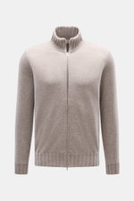 Vorne fotografierte Fioroni Cashmere Strickjacke "Duvet" taupe meliert mit Slim Fit, Zwei-Wege-Reißverschluss, Rippstrick-Stehkragen und weichem Griff.