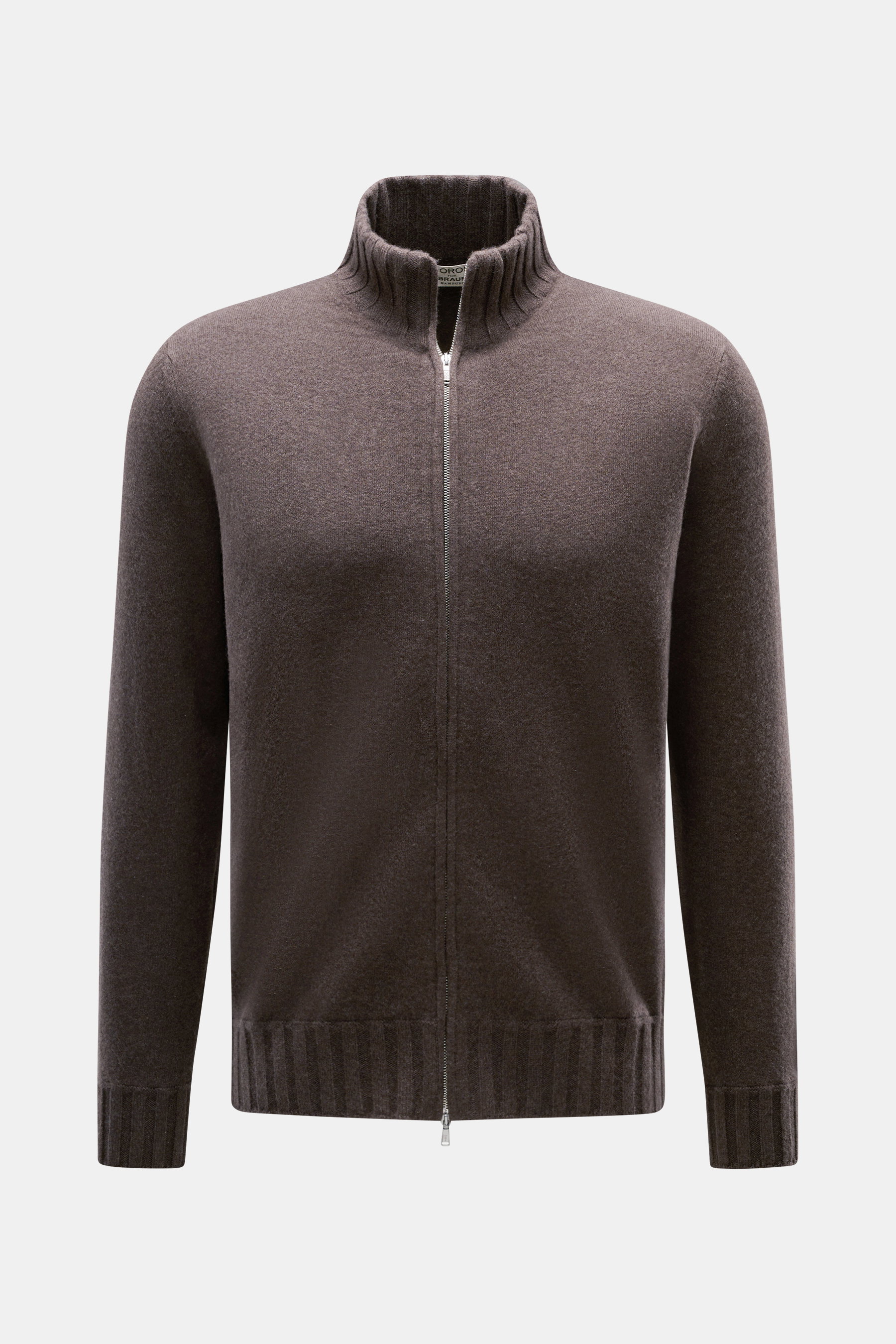 Fioroni Cashmere Strickjacke 'Duvet' dunkelbraun meliert, Slim Fit mit Rippstrick-Stehkragen, Zwei-Wege-Reißverschluss, feines Strickbild, von vorne fotografiert.