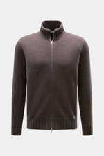 Fioroni Cashmere cardigan 'Duvet' dark brown melange shown from front, slim fit with ribbed stand-up collar, two-way zipper, flexible cuffs, fine knit, pure cashmere, very soft feel.