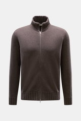 Fioroni Cashmere cardigan 'Duvet' dark brown melange shown from front, slim fit with ribbed stand-up collar, two-way zipper, flexible cuffs, fine knit, pure cashmere, very soft feel.