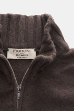 Close-up front view of Fioroni Cashmere cardigan 'Duvet' dark brown melange showing ribbed stand-up collar, two-way zipper, and fine knit pattern, made with pure cashmere for luxurious warmth and very soft feel, slim fit, and flexible ribbed cuffs.