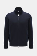 Front view of Gran Sasso Cashmere cardigan navy, pure cashmere, soft touch, fine knit pattern, regular fit, rib-knit stand-up collar, two-way zipper.