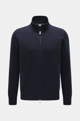Front view of Gran Sasso Cashmere cardigan navy, pure cashmere, soft touch, fine knit pattern, regular fit, rib-knit stand-up collar, two-way zipper.