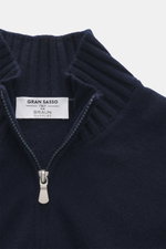 Gran Sasso Cashmere cardigan navy shown from above, featuring pure cashmere, soft touch, fine knit pattern, regular fit, rib-knit stand-up collar, and two-way zipper.