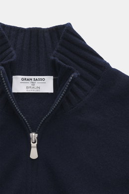 Gran Sasso Cashmere cardigan navy shown from above, featuring pure cashmere, soft touch, fine knit pattern, regular fit, rib-knit stand-up collar, and two-way zipper.