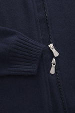 Close-up front view of Gran Sasso Cashmere cardigan navy showing pure cashmere fabric, soft touch, fine knit pattern, regular fit, rib-knit stand-up collar, and two-way zipper.