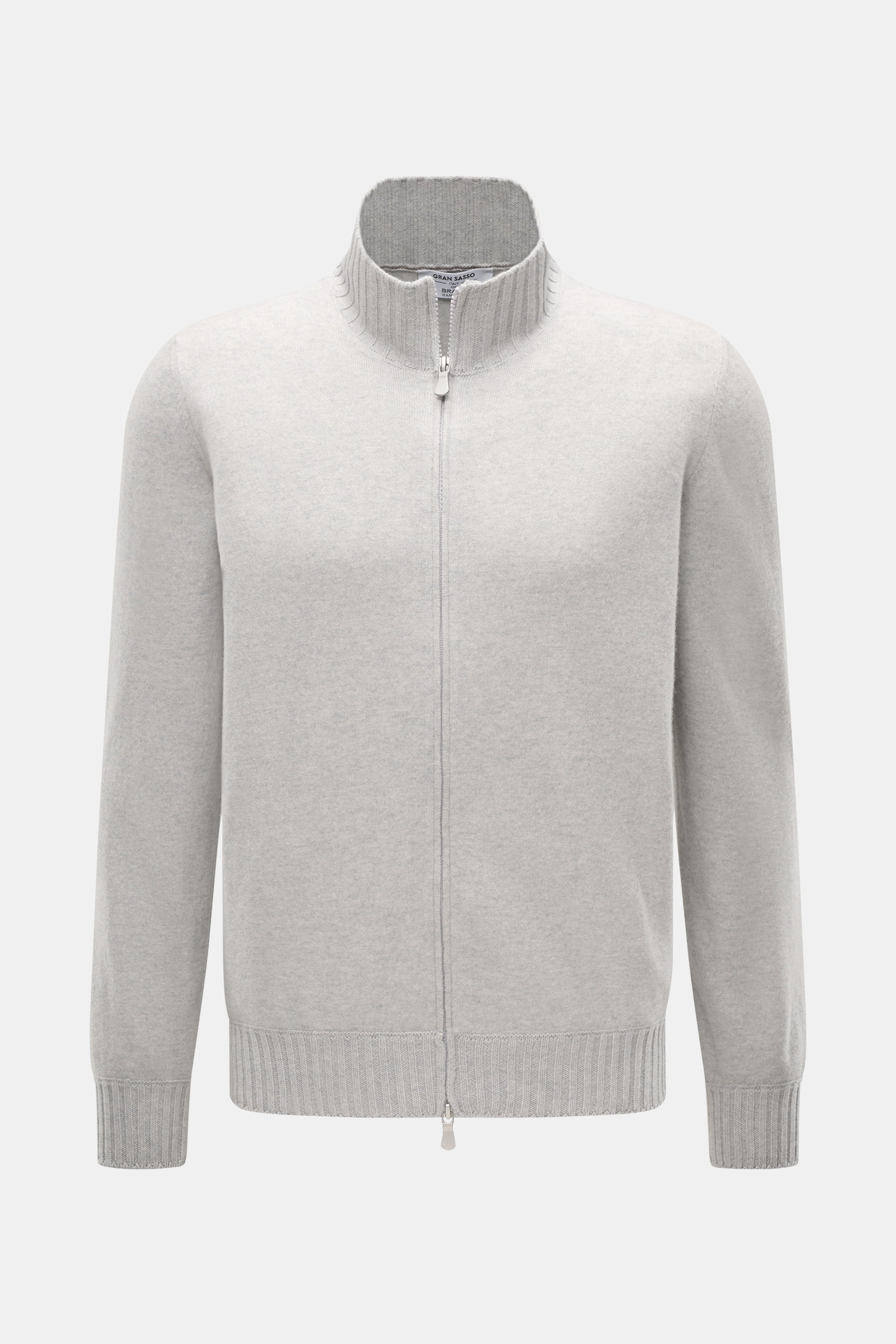 Gran Sasso Cashmere Strickjacke hellgrau meliert, Frontansicht, reiner Cashmere, weicher Griff, feines Strickbild, Regular Fit, Stehkragen aus Rippstrick, Zwei-Wege-Reißverschluss