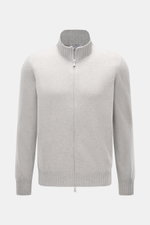 Gran Sasso Cashmere Strickjacke hellgrau meliert, Frontansicht, reiner Cashmere, weicher Griff, feines Strickbild, Regular Fit, Stehkragen aus Rippstrick, Zwei-Wege-Reißverschluss