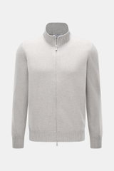 Gran Sasso Cashmere Strickjacke hellgrau meliert, Frontansicht, reiner Cashmere, weicher Griff, feines Strickbild, Regular Fit, Stehkragen aus Rippstrick, Zwei-Wege-Reißverschluss
