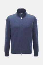 Gran Sasso Cashmere Strickjacke rauchblau, Frontaufnahme, reiner Cashmere, weicher Griff, feines Strickbild, Regular Fit, Stehkragen aus Rippstrick, Zwei-Wege-Reißverschluss