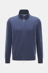 Gran Sasso Cashmere Strickjacke rauchblau, Frontaufnahme, reiner Cashmere, weicher Griff, feines Strickbild, Regular Fit, Stehkragen aus Rippstrick, Zwei-Wege-Reißverschluss