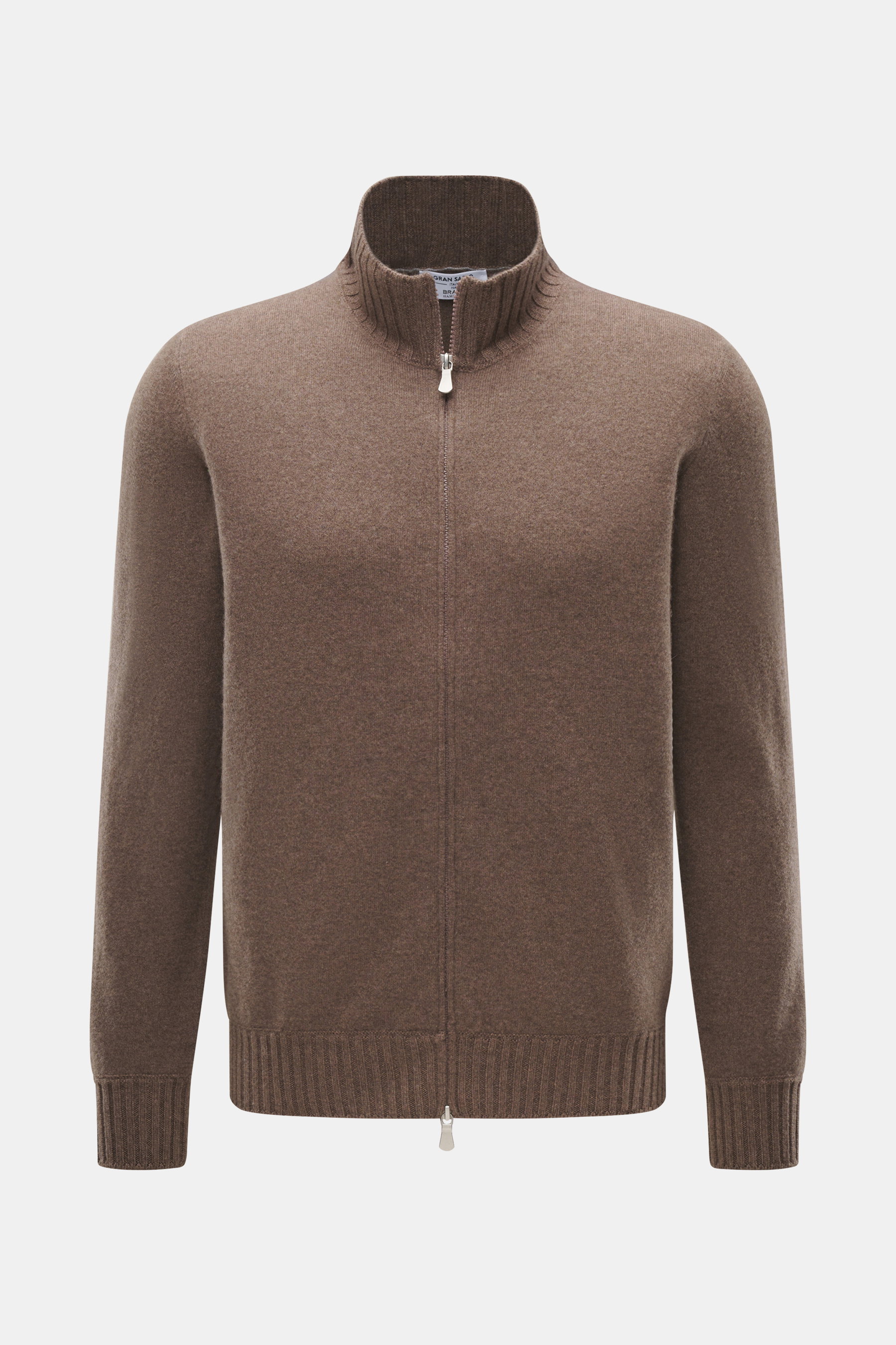 Gran Sasso Cashmere Strickjacke taupe meliert, Frontaufnahme, reiner Cashmere, weicher Griff, feines Strickbild, Regular Fit, Stehkragen Rippstrick, Zwei-Wege-Reißverschluss