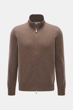 Gran Sasso Cashmere Strickjacke taupe meliert, Frontaufnahme, reiner Cashmere, weicher Griff, feines Strickbild, Regular Fit, Stehkragen Rippstrick, Zwei-Wege-Reißverschluss
