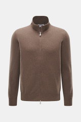 Gran Sasso Cashmere Strickjacke taupe meliert, Frontaufnahme, reiner Cashmere, weicher Griff, feines Strickbild, Regular Fit, Stehkragen Rippstrick, Zwei-Wege-Reißverschluss