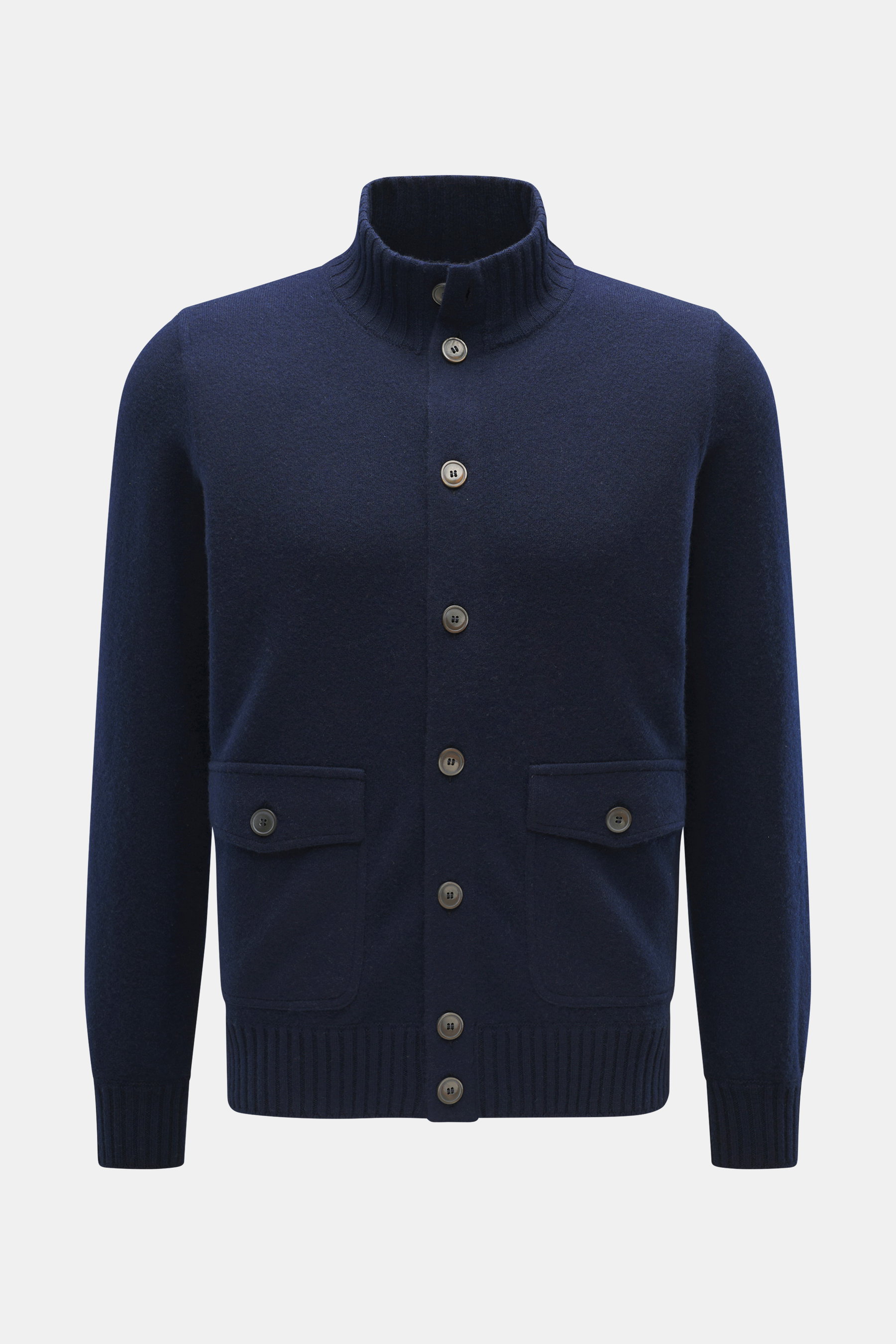 Alt tag (125 characters max): Front view of Gran Sasso Cashmere Cardigan navy with ribbed collar, eight buttons, and patch hip pockets in fine knit.

Description:
<p>The luxuriously soft cardigan by GRAN SASSO is made from the finest cashmere – a timeless