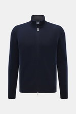 Front view of Gran Sasso Cashmere cardigan navy, pure cashmere, soft feel, medium fine knit pattern, regular fit, ribbed stand-up collar, two-way zipper.