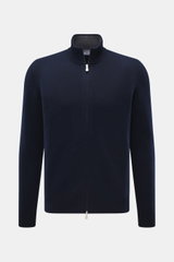 Front view of Gran Sasso Cashmere cardigan navy, pure cashmere, soft feel, medium fine knit pattern, regular fit, ribbed stand-up collar, two-way zipper.