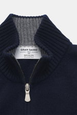 Close-up front view of the Gran Sasso Cashmere cardigan navy showing ribbed stand-up collar, two-way zipper, pure cashmere, soft feel, medium fine knit pattern, and regular fit.