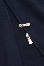 Close-up front view of Gran Sasso Cashmere cardigan navy zipper, pure cashmere, soft feel, medium fine knit, regular fit, ribbed collar, two-way zipper.