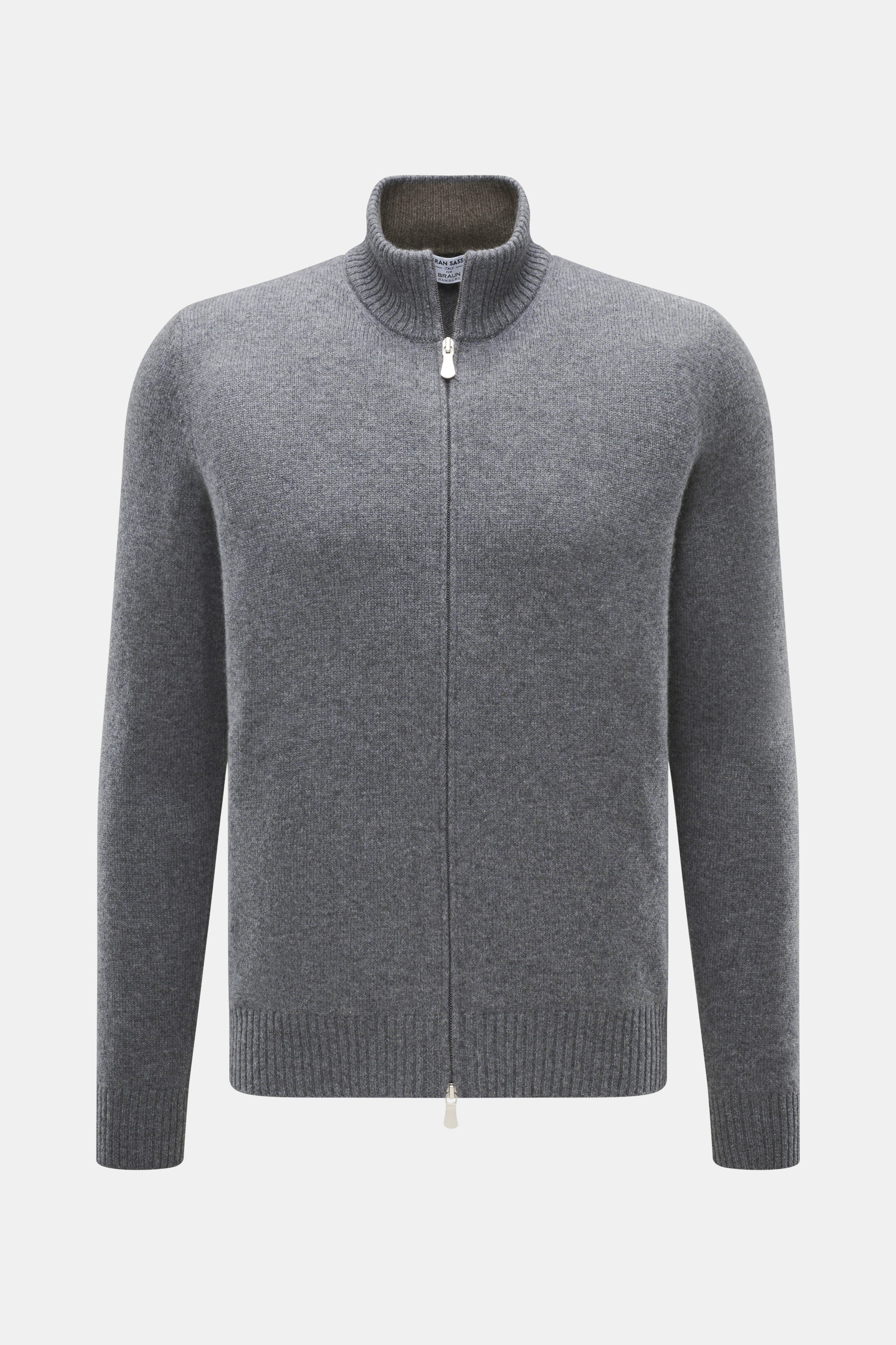 Gran Sasso Cashmere Strickjacke dunkelgrau meliert, frontal fotografiert, reiner Cashmere, weicher Griff, mittelfeines Strickbild, Regular Fit, Stehkragen Rippstrick, Zwei-Wege-Reißverschluss.