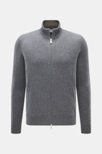 Front view of Gran Sasso Cashmere cardigan dark grey melange, pure cashmere, soft touch, medium-fine knit, regular fit, ribbed stand-up collar, two-way zipper.