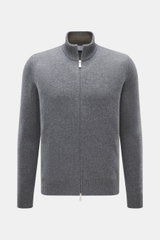Front view of Gran Sasso Cashmere cardigan dark grey melange, pure cashmere, soft touch, medium-fine knit, regular fit, ribbed stand-up collar, two-way zipper.