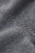 Close-up perspective of the Gran Sasso Cashmere cardigan dark grey melange fabric showing pure cashmere, soft touch, medium-fine knit pattern, regular fit, ribbed stand-up collar, and two-way zipper.