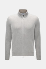 Front view of Gran Sasso Cashmere cardigan light grey melange, pure cashmere, soft touch, medium-fine knit, regular fit, ribbed stand-up collar, two-way zipper.
