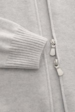 Gran Sasso Cashmere cardigan light grey melange shown from close-up front view, featuring pure cashmere, soft touch, medium-fine knit pattern, regular fit, ribbed stand-up collar, and two-way zipper.