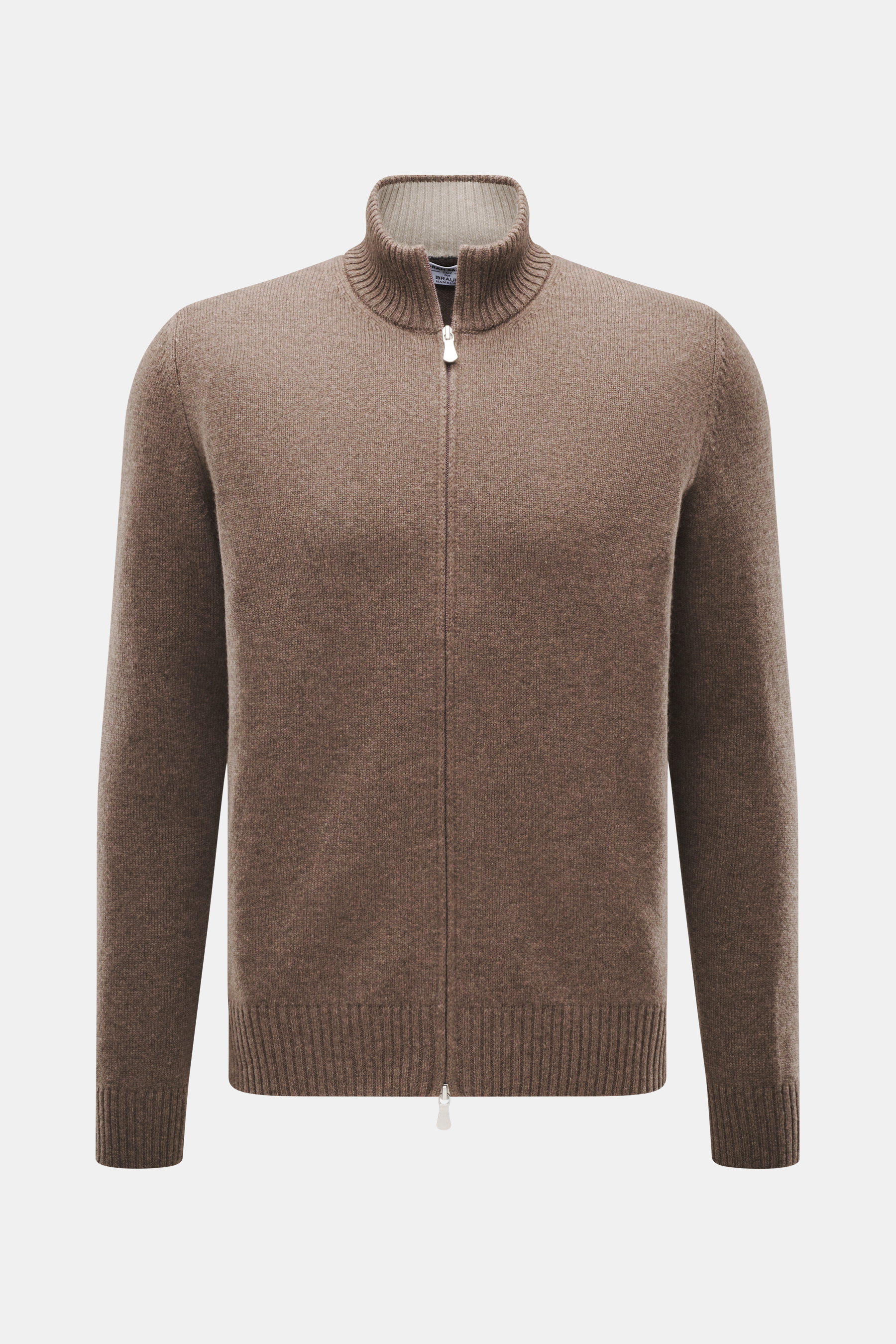 Gran Sasso Cashmere Strickjacke graubraun meliert, frontal fotografiert, reiner Cashmere, weicher Griff, mittelfeines Strickbild, Regular Fit, Stehkragen aus Rippstrick, Zwei-Wege-Reißverschluss.