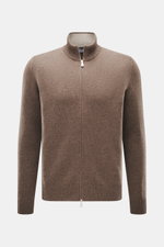 Front view of Gran Sasso Cashmere cardigan grey brown melange, pure cashmere, soft touch, medium fine knit pattern, regular fit, ribbed stand-up collar, two-way zipper.