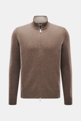 Front view of Gran Sasso Cashmere cardigan grey brown melange, pure cashmere, soft touch, medium fine knit pattern, regular fit, ribbed stand-up collar, two-way zipper.
