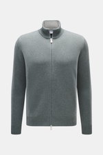 Front view of Gran Sasso Cashmere cardigan grey green melange, pure cashmere, soft feel, medium fine knit pattern, regular fit, ribbed stand-up collar, two-way zipper.