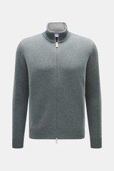 Front view of Gran Sasso Cashmere cardigan grey green melange, pure cashmere, soft feel, medium fine knit pattern, regular fit, ribbed stand-up collar, two-way zipper.