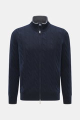 Front view of Gran Sasso Cashmere cardigan off-white in medium-fine cable knit with two-way zipper, stand-up collar, and rib cuffs.

Description: 
<p>Luxurious basic for the transitional season: This noble cardigan from GRAN SASSO made of soft cashmere