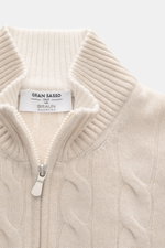Gran Sasso Cashmere Strickjacke sand, Nahaufnahme von oben, Zopfstrick, Stehkragen, Reißverschluss, weicher reiner Cashmere, Regular Fit.