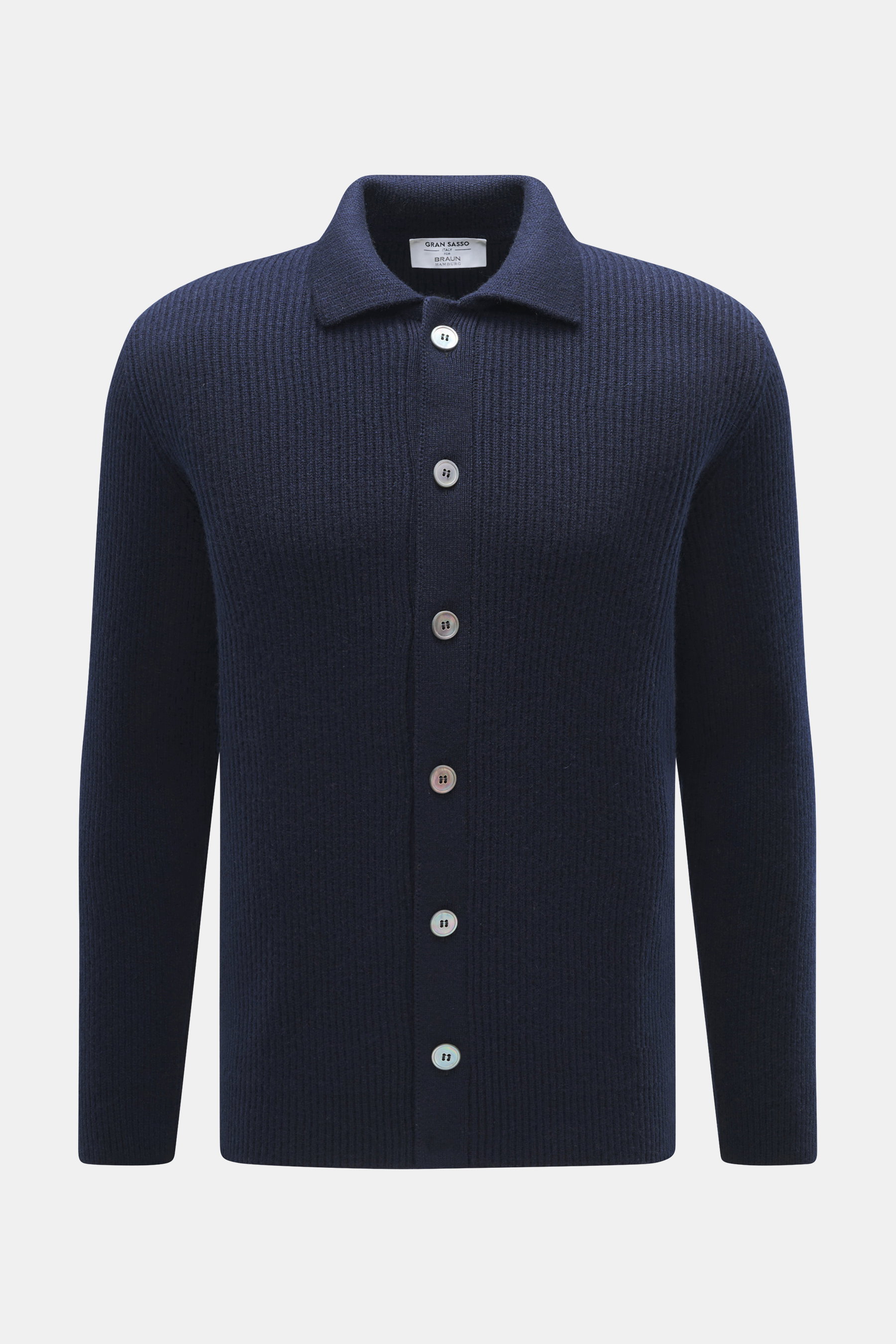 Gran Sasso Cashmere Cardigan navy, front view, heavy rib knit, pure cashmere, regular fit, turn-down collar, six mother-of-pearl buttons.