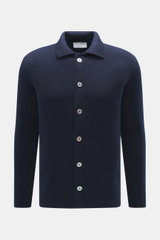 Gran Sasso Cashmere Cardigan navy, frontale Ansicht, reiner Cashmere, schwerer Patentstrick, Umlegekragen, Regular Fit, Perlmuttknöpfe, weicher Griff.