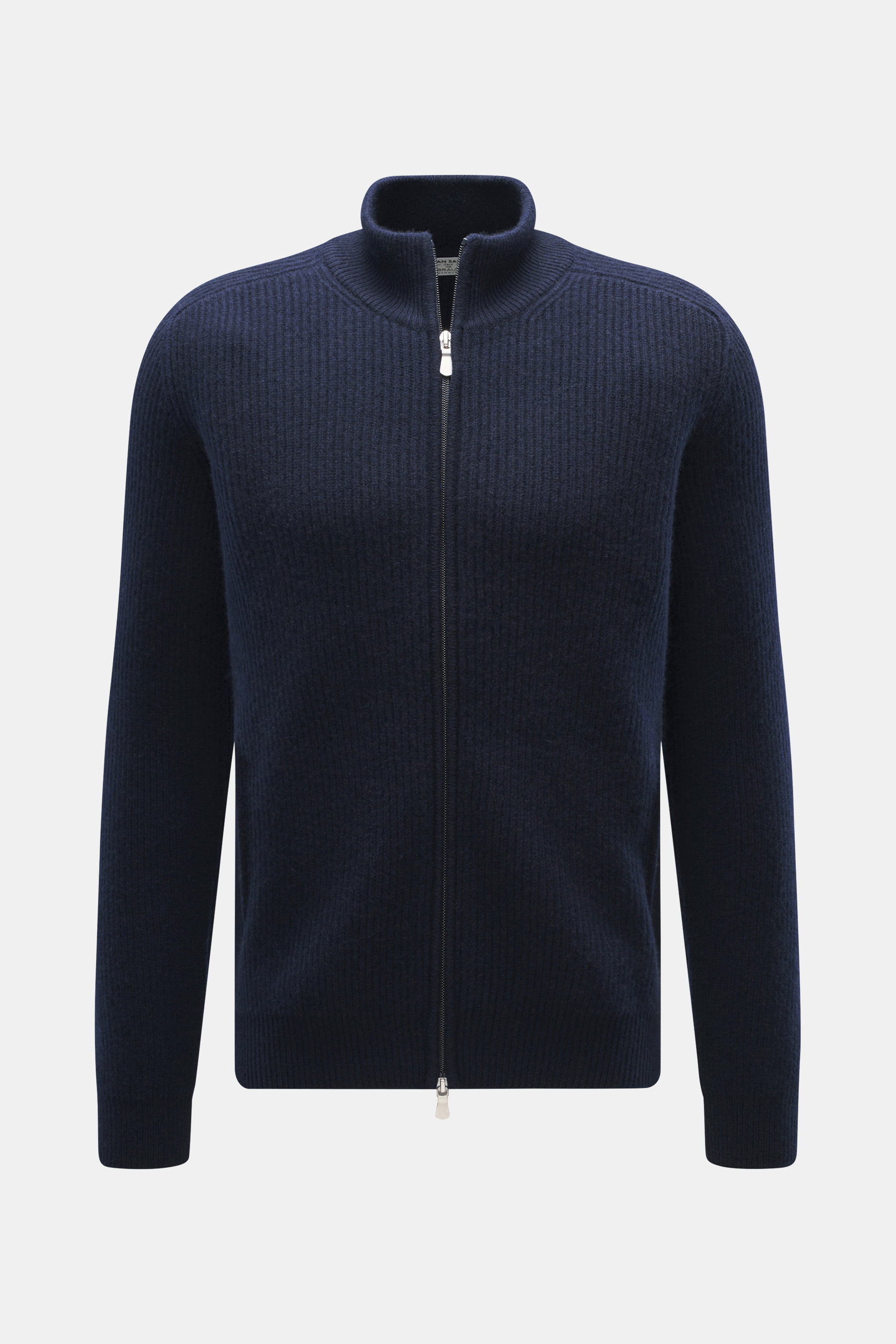 Front view of the Gran Sasso Cashmere Cardigan Navy in pure cashmere with heavy patent knit, ribbed stand-up collar, two-way zipper, and slanted hip pockets.

Description: 
<p>The luxurious cardigan by GRAN SASSO is made from the finest cashmere in a pate