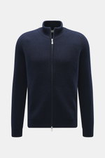 Gran Sasso Cashmere Strickjacke navy im Regular Fit, frontale Ansicht, Stehkragen, Zwei-Wege-Reißverschluss, Patentstrick, weicher Griff.